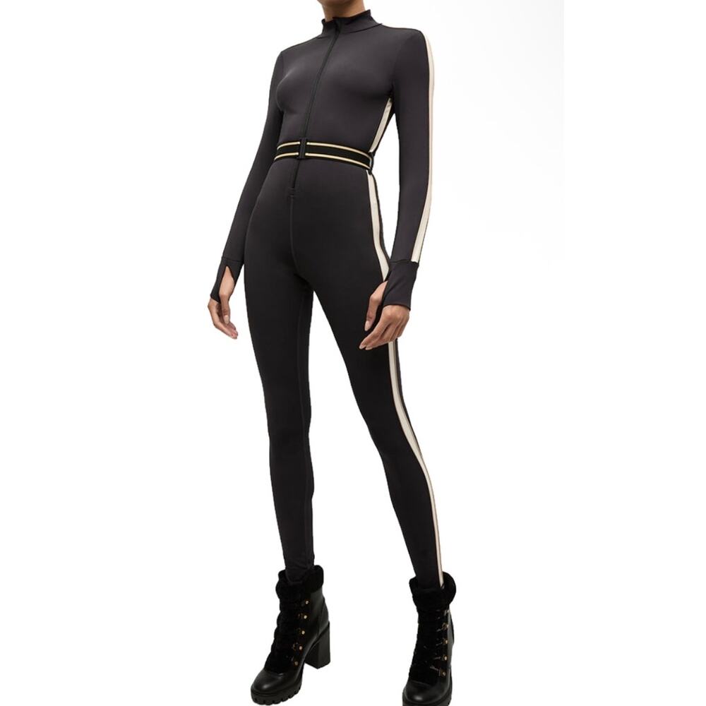 The Upside Black Jumpsuit with Cream Piping Long Sleeve Zip Front Size L